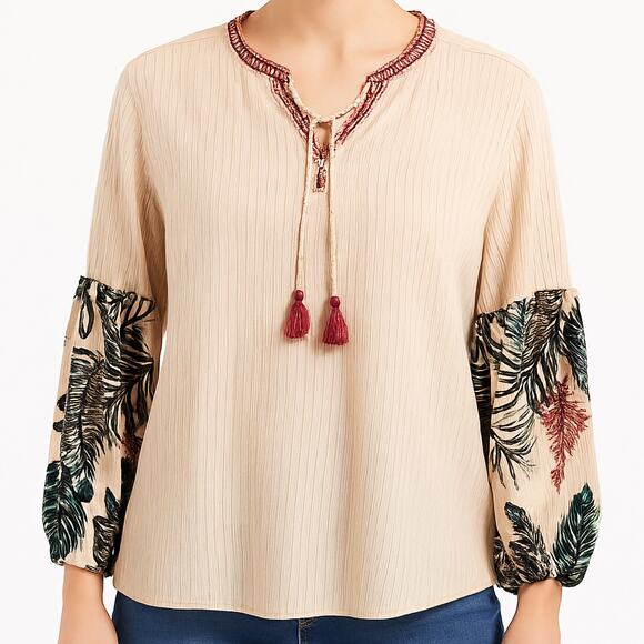 Johnny Was JW Workshop Blouse Women Small Tan Embroidered Sleeve Tassel Tie Boho - Picture 1 of 12